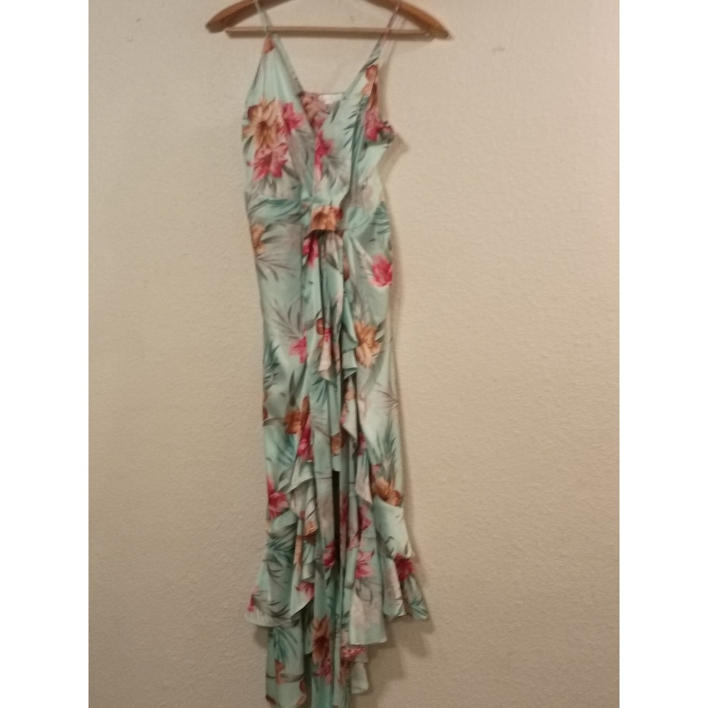 Venus Floral‎ High Low Maxi Dress Mint Green Tropical Ruffle V-Neck Size 4